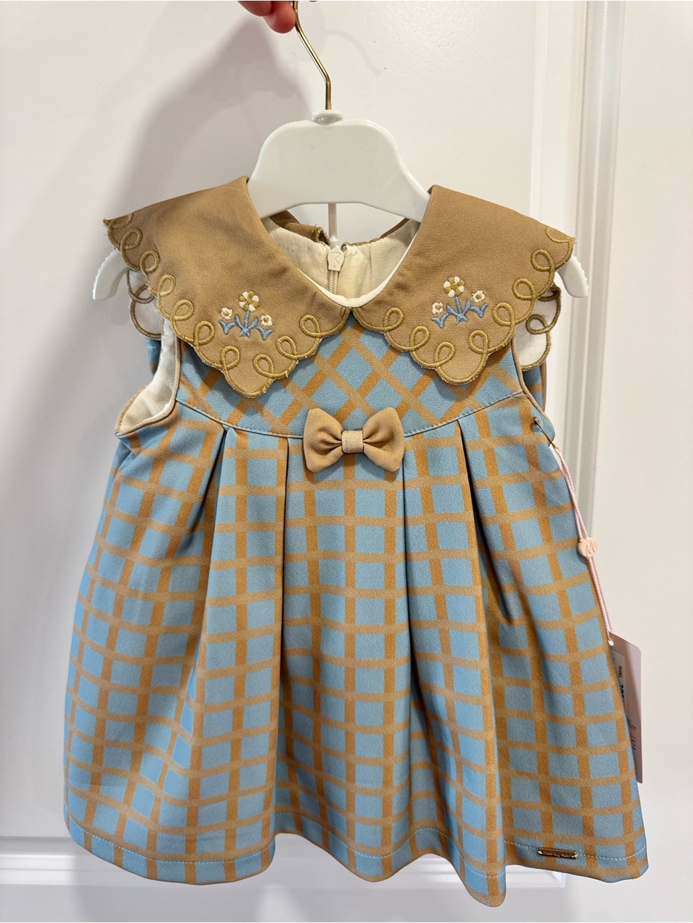 Source Unknown Blue and Tan Check Dress with Embroidered Collar